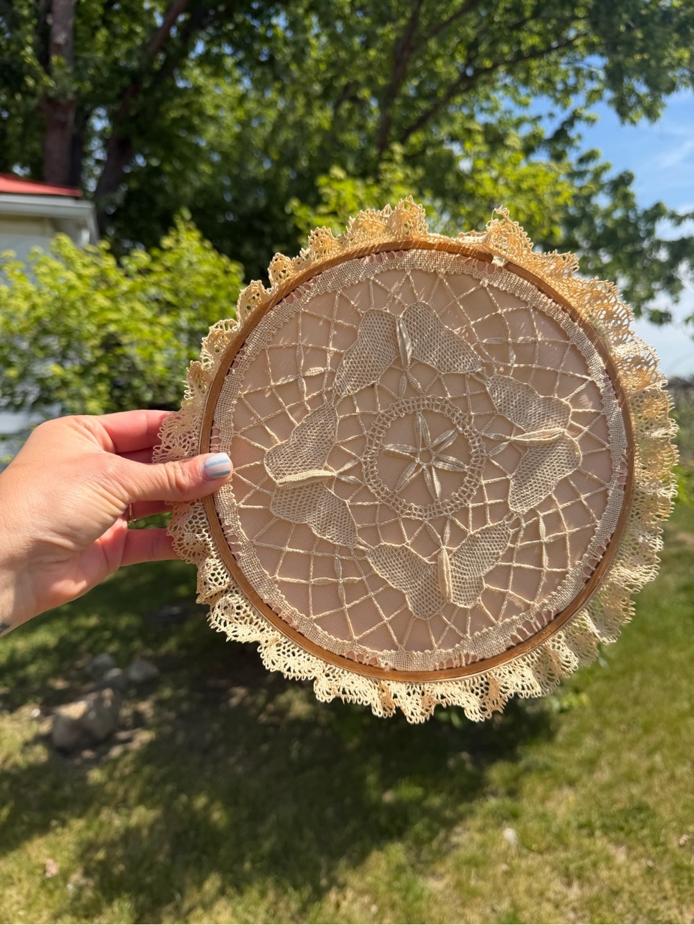 VTG Butterfly Lace Doily in Wooden Hoop for Wall 8in Diameter